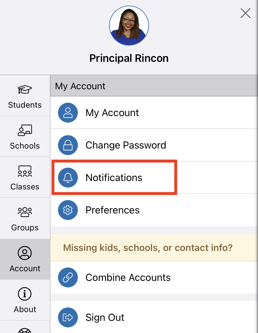 ParentSquare App Account Notification Preferences Menu Image